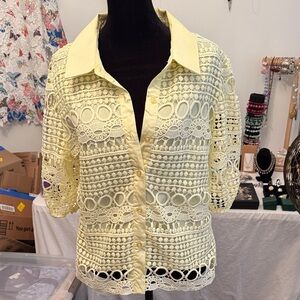 By Design Women’s Light Yellow Crochet Button-Down Shirt - Feminine Lace Design